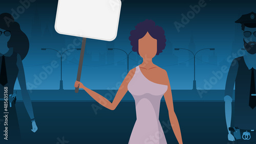 A woman protests with a banner against the backdrop of the city. The concept of expressing thoughts, dissatisfaction and protests. Vector illustration.