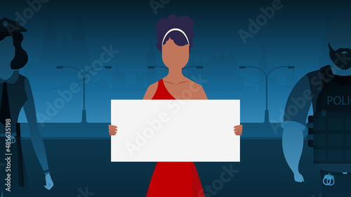 A woman protests with a banner against the backdrop of the city. The concept of expressing thoughts, dissatisfaction and protests. Vector illustration.