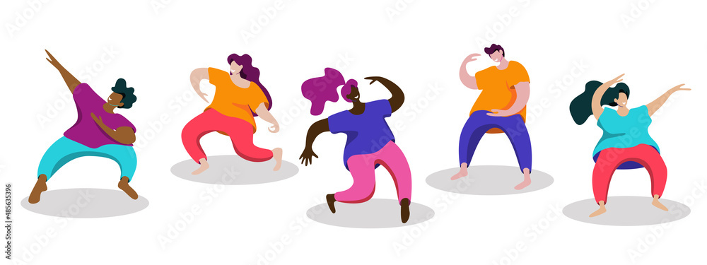 A group of young dancers of different nationalities or male and female dancers isolated on a white background. Vector flat design illustration. Use in web projects and applications. A group of young dancers of different nationalities or male and female dancers isolated on a white background. Vector flat design illustration. Use in web projects and applications.