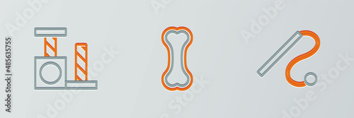 Set line Pet cat toy, Cat scratching post and Dog bone icon. Vector