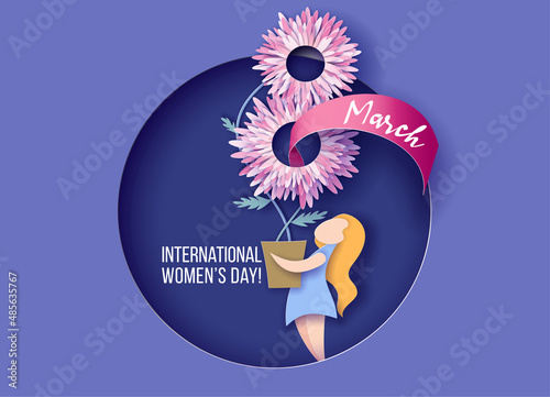 Happy Women Day 8 March holiday illustration. Paper cut girl