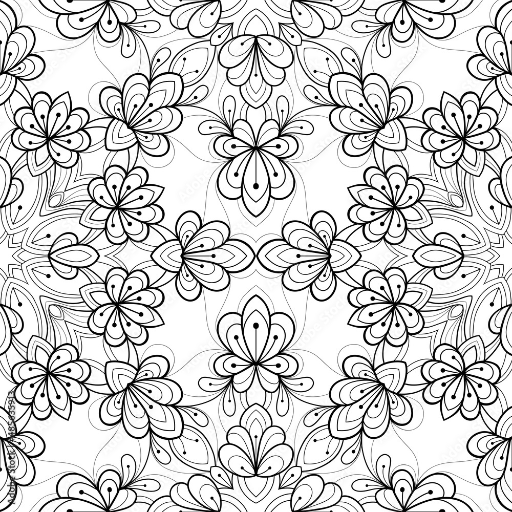 Floral mandala with simple patterns and henna elements on a white background. For coloring book pages.