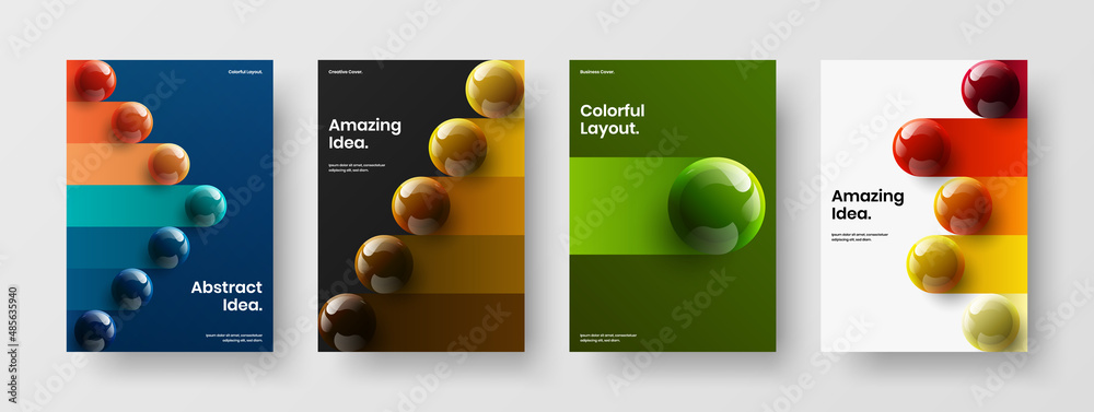 Simple front page A4 vector design concept collection. Fresh realistic spheres corporate cover template composition.