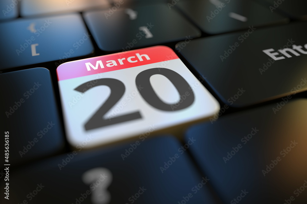 March 20 date on a keyboard key, 3d rendering March 20 date on a keyboard key, 3d rendering