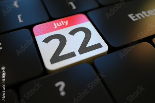 July 22 date on a keyboard key, 3d rendering