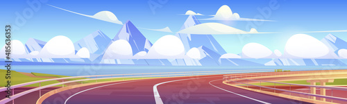 Overpass, highway, empty road at summer landscape with mountains and water bay. Modern infrastructure with metal railings and markup. Asphalted turning way and rocks, Cartoon vector illustration