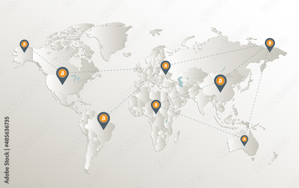 World map, bitcoin network and location pointer, separates states, card ...