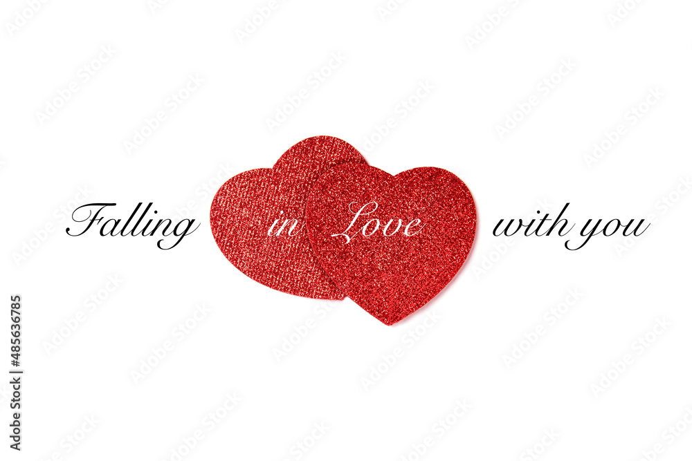 Romantic design with two red heart shapes and handwritten message. Love quote for your loved one