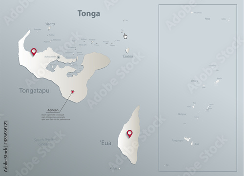 Tonga map, islands with names, blue white card paper 3D vector