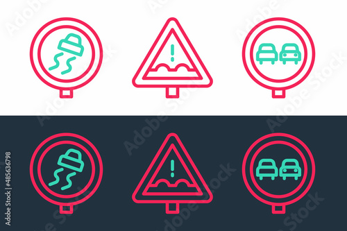 Set line No overtaking road traffic, Slippery and Uneven ahead sign icon. Vector