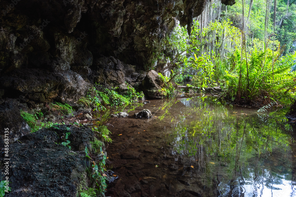 Three eyes cave in Santo Domingo, los Tres Ojos national park, Dominican Republic. Scenic view of limestone cave, beautiful lake and tropical plants, nature landscape, outdoor travel background Three eyes cave in Santo Domingo, los Tres Ojos national park, Dominican Republic. Scenic view of limestone cave, beautiful lake and tropical plants, nature landscape, outdoor travel background