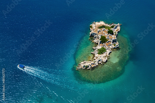 Aerial view of boat and island in Kekova, Turkey. photo