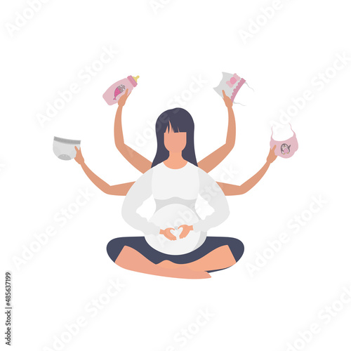 Pregnant girl in the lotus position. Active well built pregnant female character. Isolated. Flat vector illustration.