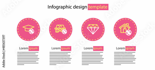 Set line Diamond, House with percant discount, Car leasing percent and Graduation cap and coin icon. Vector