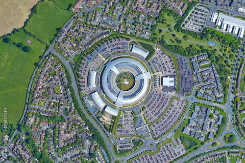 Government Communications Headquarters - GCHQ looking down aerial view from above – Bird’s eye view GCHQ, Cheltenham, UK photo