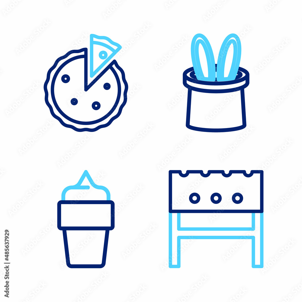 Set line BBQ brazier, Ice cream in waffle cone, Magician hat and rabbit ears and Homemade pie icon. Vector Set line BBQ brazier, Ice cream in waffle cone, Magician hat and rabbit ears and Homemade pie icon. Vector