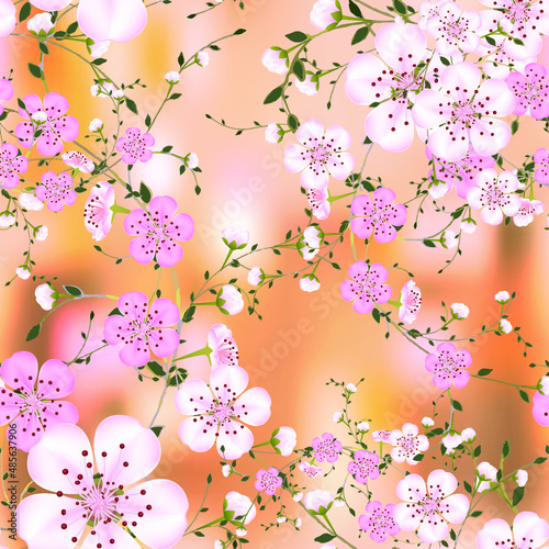 Seamless background pattern of branches pink Japanese cherry flower on brown abstract background in a random arrangement square format suitable for textile. Sakura floral texture  EPS 10 vector