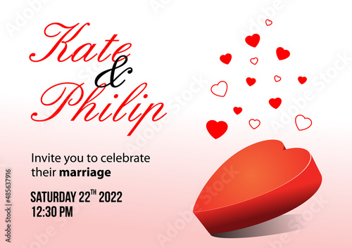 Vector wedding invitation card with 3d heart shape on red gradient background. Valentine day