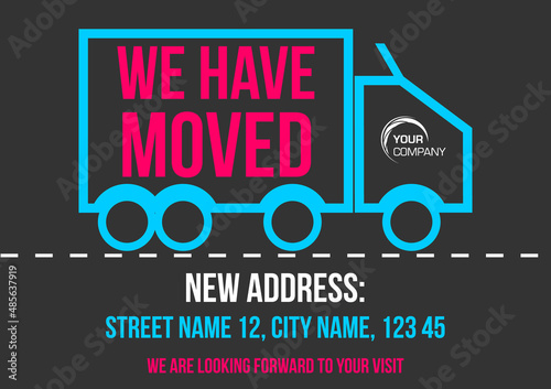 Warning vector sign we have moved to new address. Blue and red text on dark grey background