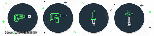 Set line Electric drill machine, Soldering iron, Rotary hammer and Electrical hand concrete mixer icon. Vector