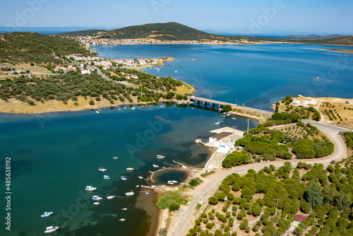 Aerial view of Turkey's oldest strait bridge between Dolap Island and Cunda Island, Ayvalik, Turkey.