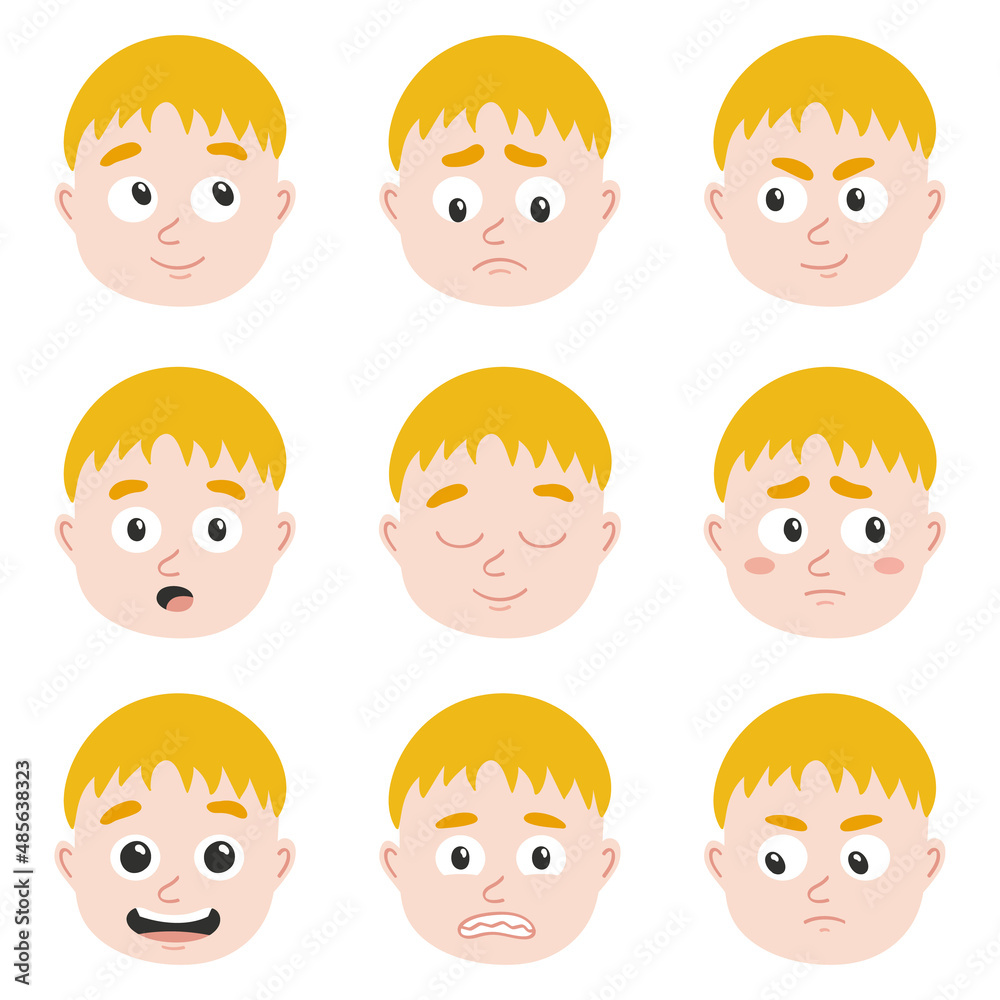 Collection of vector heads with different emotions avatars. Kind character blond boy with different mood. Collection of vector heads with different emotions avatars. Kind character blond boy with different mood.
