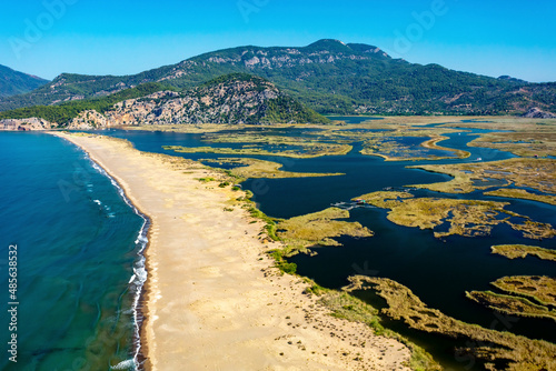 Aerial view of Iztuzu Beach and Dalyan, Turkey.