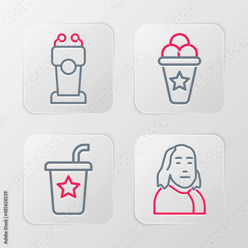 Set line Benjamin Franklin, Paper glass with straw, Ice cream waffle cone and Stage stand or tribune icon. Vector