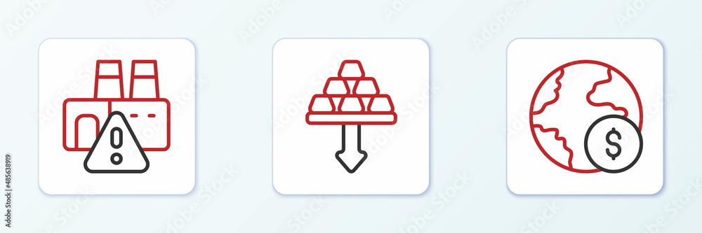 Set line Global economic crisis, Shutdown of factory and Gold bars icon. Vector