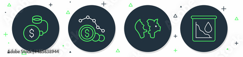 Set line Dollar rate decrease, Broken piggy bank, Debt ball chained to coin and Drop crude oil price icon. Vector