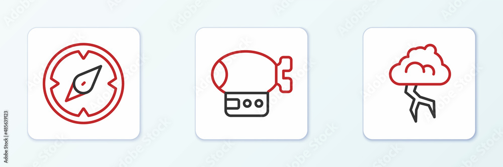Set line Storm, Compass and Airship icon. Vector Set line Storm, Compass and Airship icon. Vector
