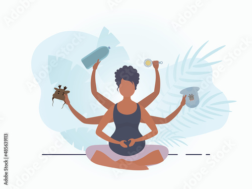 Yoga for pregnant women. Yoga and sports for pregnant women. Postcard or poster in gentle colors for your design. Vector illustration in cartoon style.