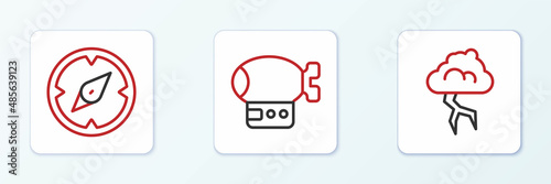 Set line Storm, Compass and Airship icon. Vector