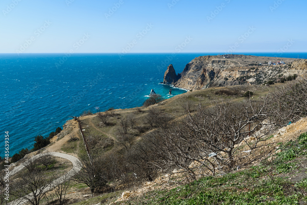 View of Cape Fiolent from the top of the cliff in spring. Sevastopol, Crimea