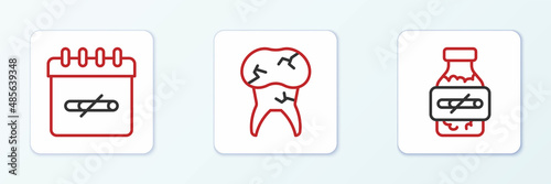 Set line Nicotine gum in blister pack, No smoking days and Tooth with caries icon. Vector