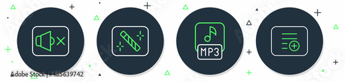 Set line Photo retouching, MP3 file, Speaker mute and Add playlist icon. Vector