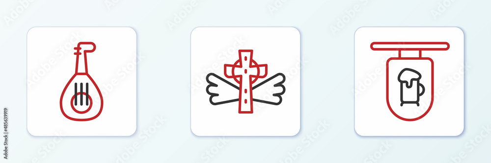 Set line Street signboard with Bar, Lute and Christian cross icon. Vector Set line Street signboard with Bar, Lute and Christian cross icon. Vector