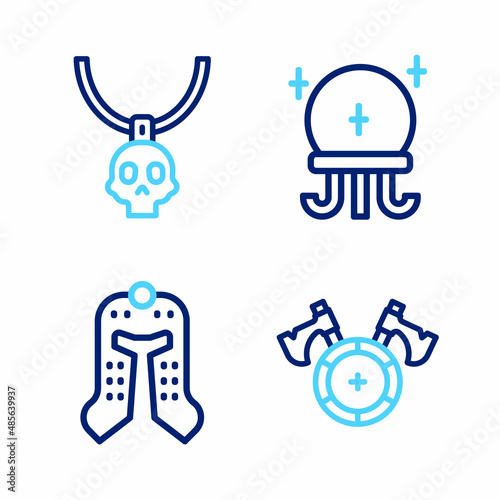 Set line Medieval shield with axe, helmet, Magic ball and Necklace amulet icon. Vector
