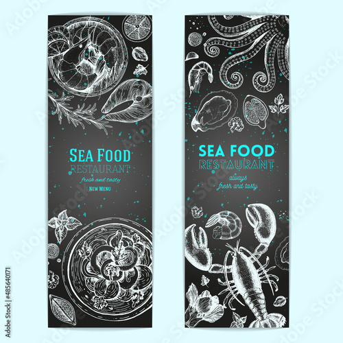 Vintage seafood banners set. Vector illustration hand drawn with ink. Cooked seafood dish on the table top view. Engraved style image.