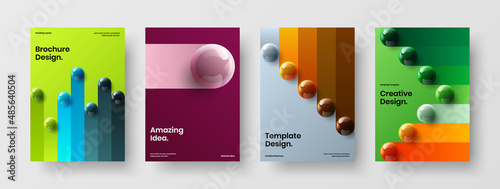 Clean booklet A4 design vector illustration bundle. Original realistic spheres pamphlet template collection.