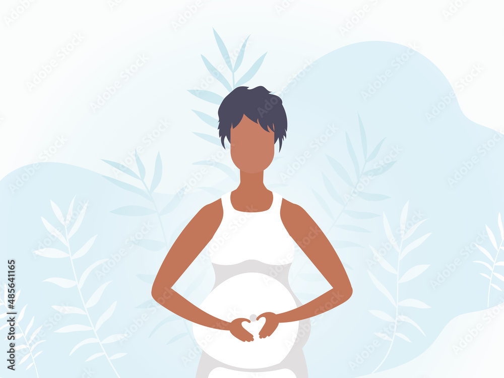 A pregnant girl holds her hands on her stomach. Banner in soft colors. Vector illustration.