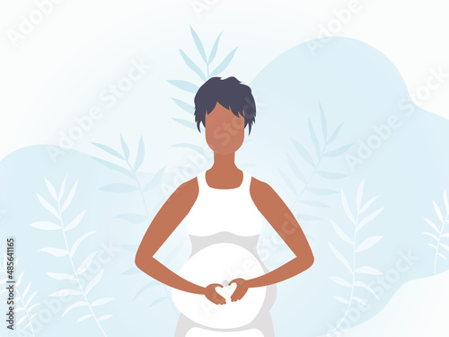 A pregnant girl holds her hands on her stomach. Banner in soft colors. Vector illustration.