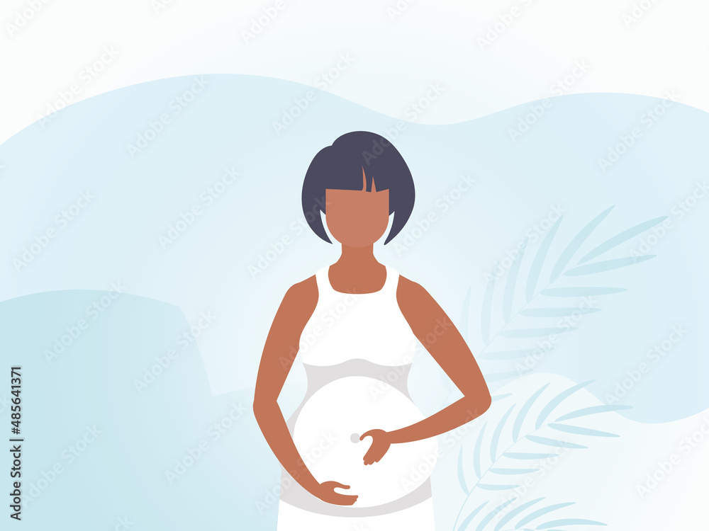 A pregnant woman holds her hands on her stomach. Banner in blue tones. Vector illustration.
