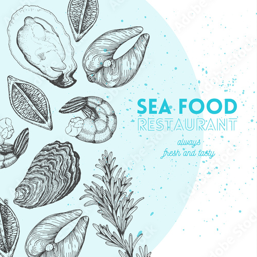 Seafood design template. Vector illustration with pieces of fish, oysters, shrimp and lemon. Engraved style image with sea food.