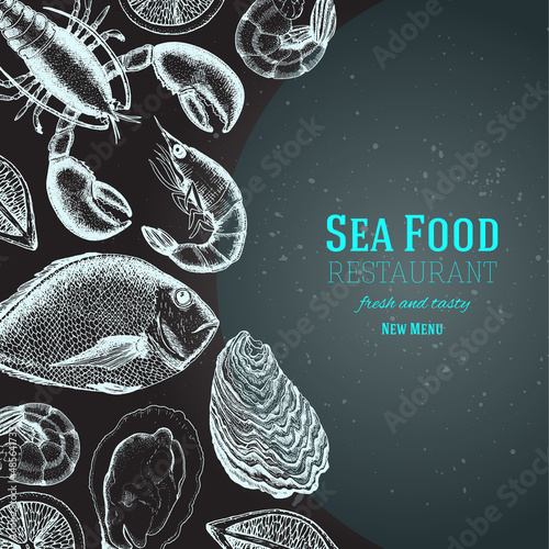 Seafood design template. Vector illustration with fish, lobster, shrimp, oysters and lemons. Engraved style image with sea food.