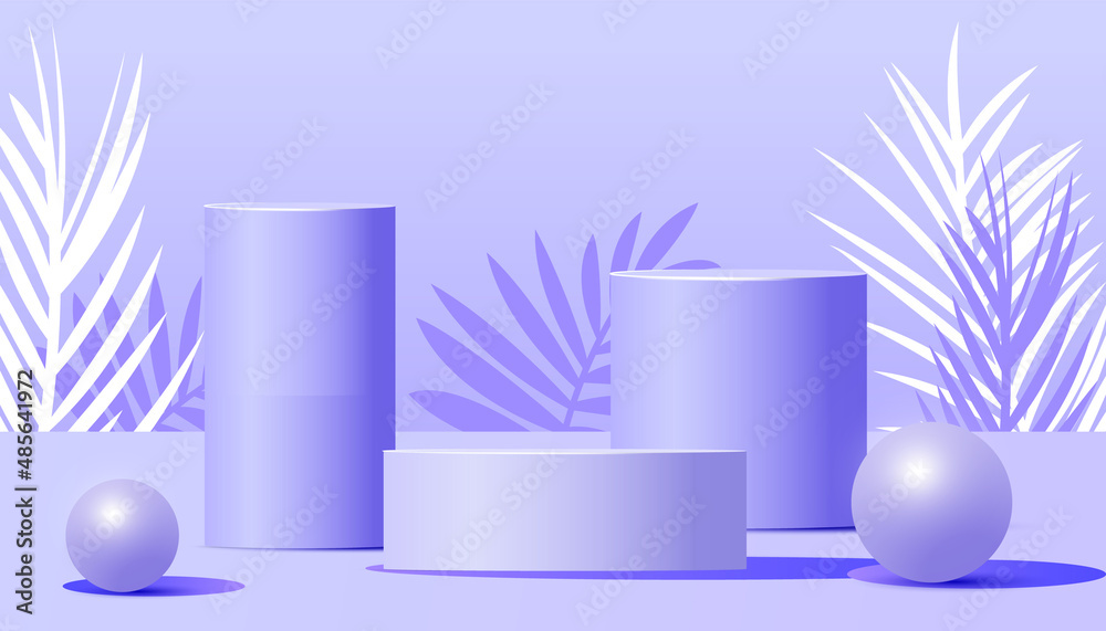 Three Abstract empty veri peri color podiums with the shadow of palm leaves on background. Mockup stand for product presentation. 3D rendering. minimal concept. advertising template Three Abstract empty veri peri color podiums with the shadow of palm leaves on background. Mockup stand for product presentation. 3D rendering. minimal concept. advertising template
