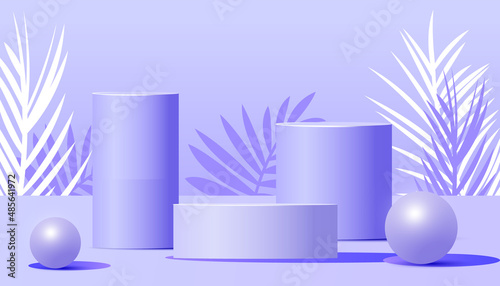 Three Abstract empty veri peri color podiums with the shadow of palm leaves on background. Mockup stand for product presentation. 3D rendering. minimal concept. advertising template