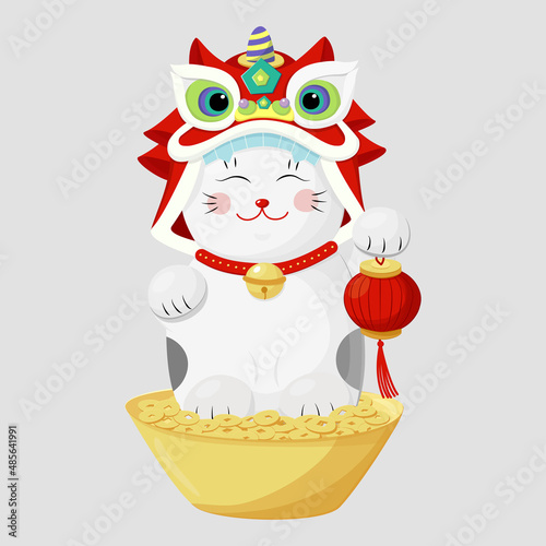 China lion dance maneki neko cat set in chinese style.Vector graphic. Happy chinese new year illustration. Japanese icon with red china symbol.