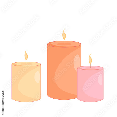 Illustration of burning three candles in yellow, orange and pink colors with an outline