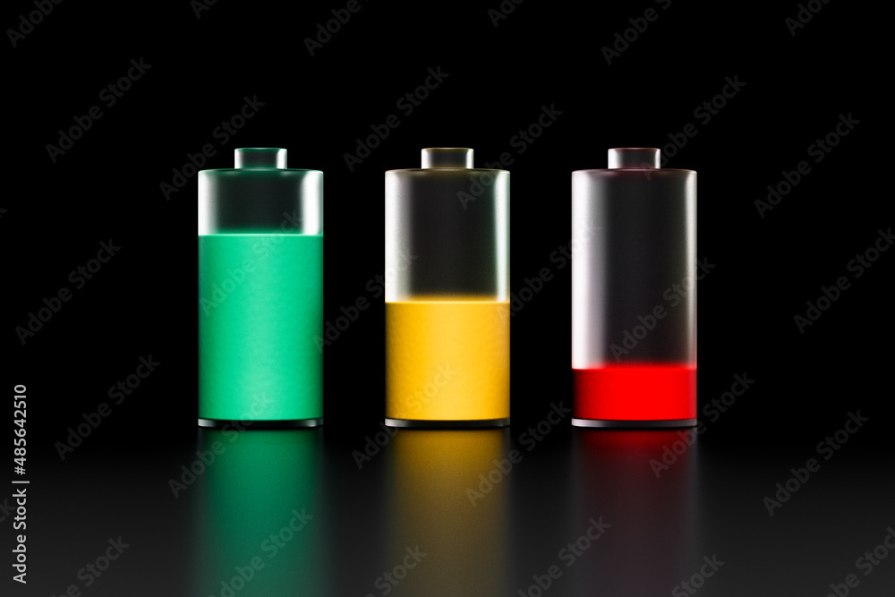 A set of three transparent batteries with different charge levels on a black background, colored battery charge indicators, a sign or symbol, 3d rendering